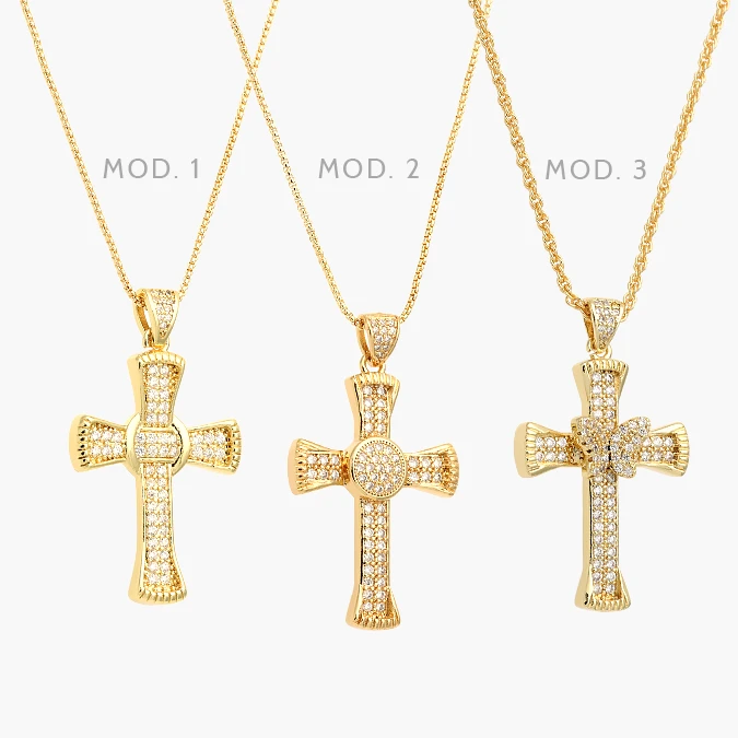 CDR0417 Collar Cruz Zirconias Blancas Chapa de Oro 417 - Imagen 1