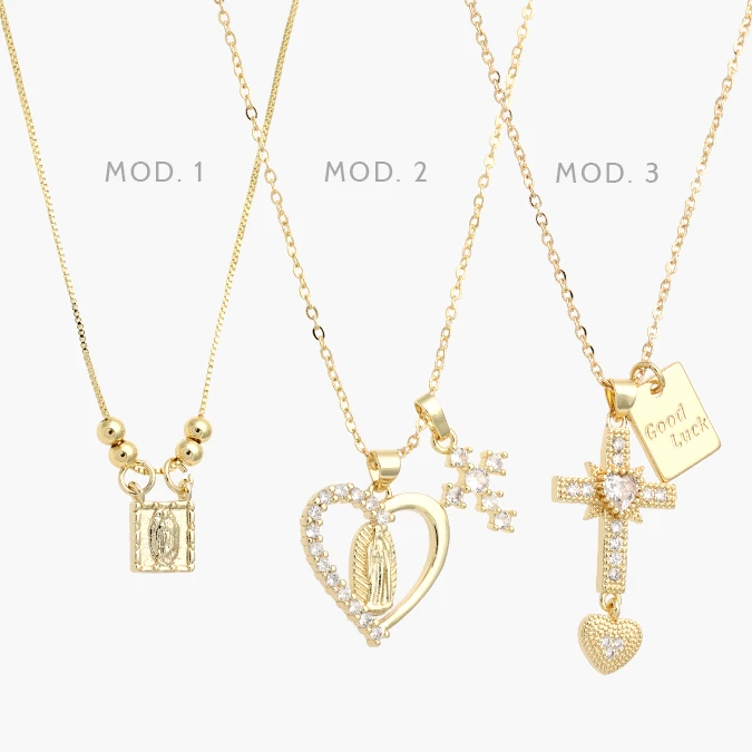CDR0418 Collar Cruz Corazon Virgen Guadalupe Zirconias Blancas Escapulario Chapa de Oro 418 - Imagen 1