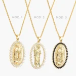 Collar Virgen de Guadalupe San Judas Tadeo Zirconias Blancas y Negras Chapa de Oro 426