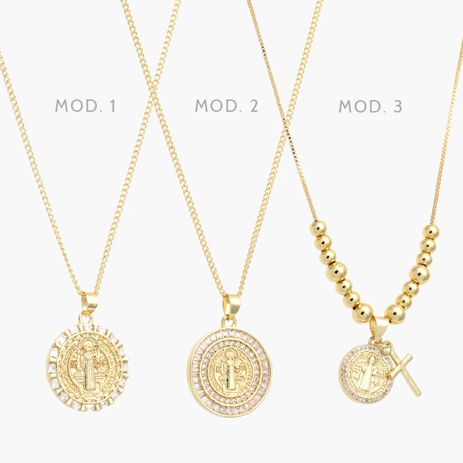 CDR0433 Collar San Benito Cruz Zirconias Blancas Chapa de Oro 433 - Imagen 1