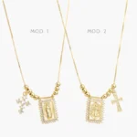 Collar Escapulario Cruz Virgen Guadalupe San Benito Zirconias Blancas Chapa de Oro 436 - Modelo 1
