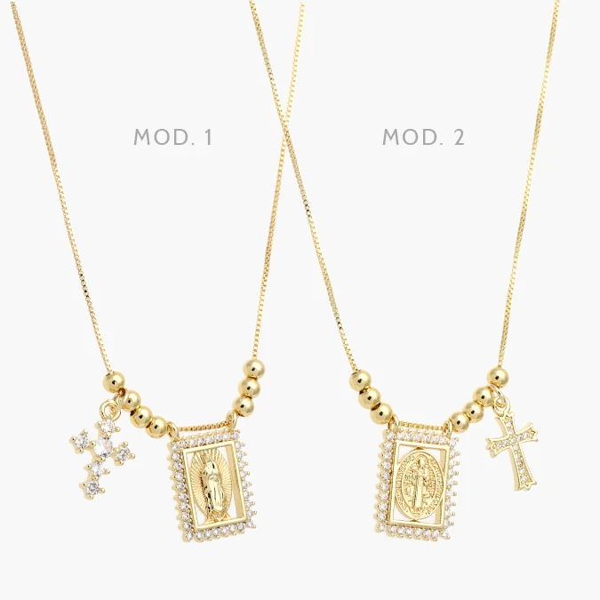 CDR0436 Collar Escapulario Cruz Virgen Guadalupe San Benito Zirconias Blancas Chapa de Oro 436 - Imagen 1