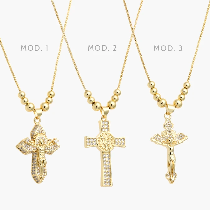 CDR0441 Collar Cruz Cristo Zirconias Blancas Chapa de Oro 441 - Imagen 1
