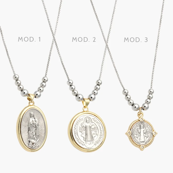 CDR0449 Collar Bicolor Virgen Guadalupe San Benito Chapa de Oro 449 - Imagen 1