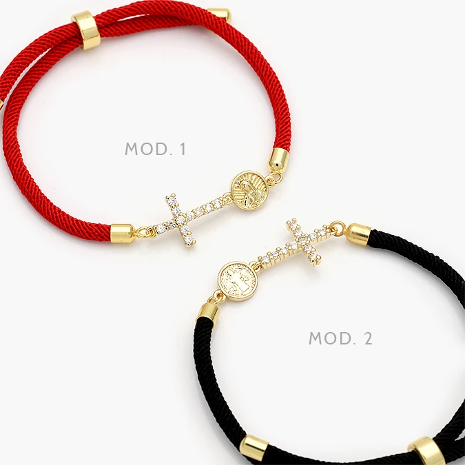 CPR0315 Pulso Ajustable Rojo y Negro Cruz Zirconias Blancas Chapa de Oro 315 - Imagen 1