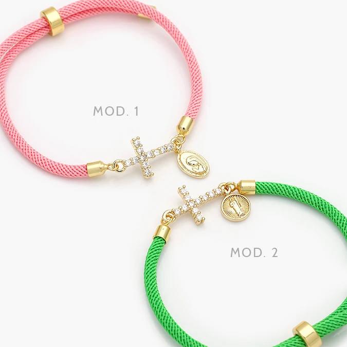 CPR0316 Pulso Ajustable Rosa y Verde Cruz Zirconias Blancas San Judas Tadeo Chapa de Oro 316 - Imagen 1