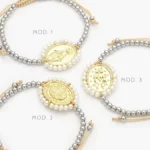 Pulso Bolitas Ajustable Bicolor Perlas San Benito Virgen Chapa de Oro/Rodio 317