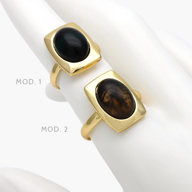 CTB1342 Anillo Ajustable Acrílico Negro y Cafe Ambar Chapa de Oro 1342 - Imagen 1