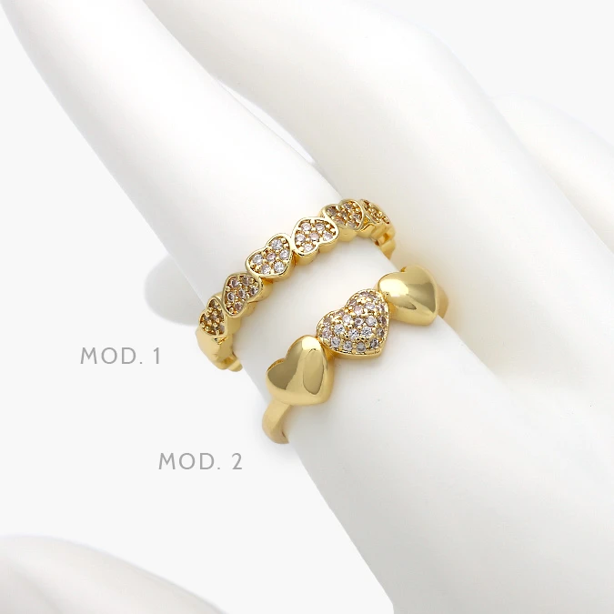 CTB1348 Anillo Ajustable Zirconias Blancas Chapa de Oro Corazones 1348 - Imagen 1