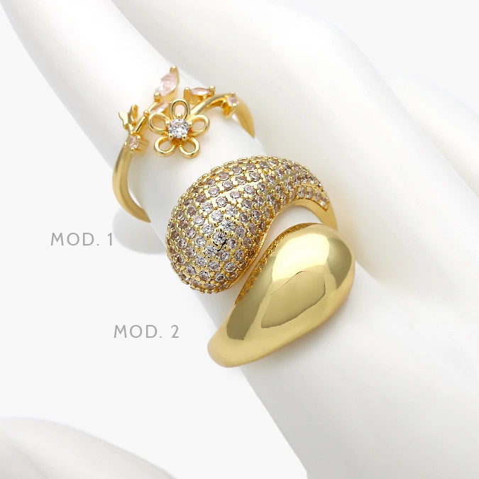 CTB1349 Anillo Ajustable Flor Gotas Zirconias Blancas Chapa de Oro 1349 - Imagen 1
