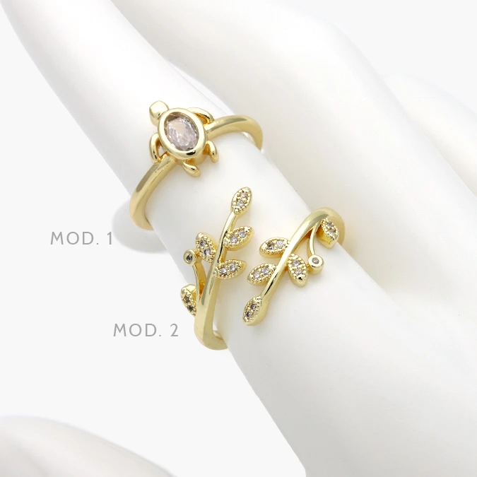 CTB1387 Anillo Zirconia Piedra Blanca Tortuga & Ramas Ajustable Chapa de Oro 1387 - Imagen 1