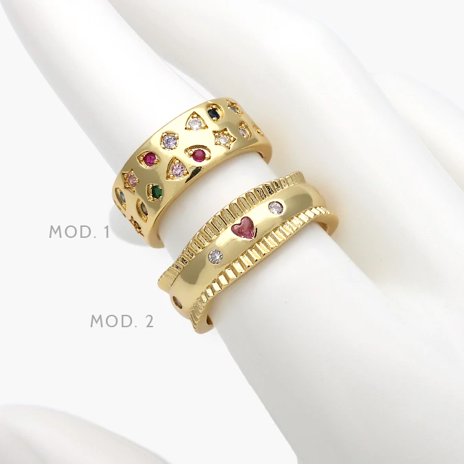 CTB1392 Anillo Ajustable Chapa de Oro Corazones Zirconias Colores 1392 - Imagen 1