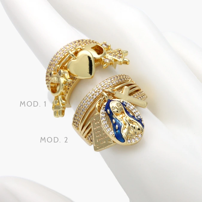 CTB1403 Anillo Ajustable 2 Niñas & Virgen Zirconias Chapa de Oro 1403 - Imagen 1