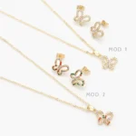 Juego Mariposas Zirconias Blancas y Colores Chapa de Oro 0150