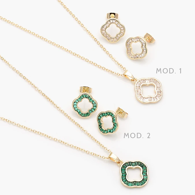 CTJ0152 Juego Flores Treboles Zirconias Blancas y Verdes Chapa de Oro 152 - Imagen 1