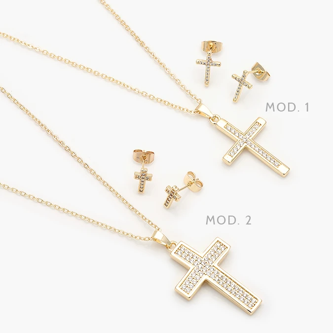 CTJ0163 Juego Cruces Zirconias Blancas Chapa de Oro 163 - Imagen 1