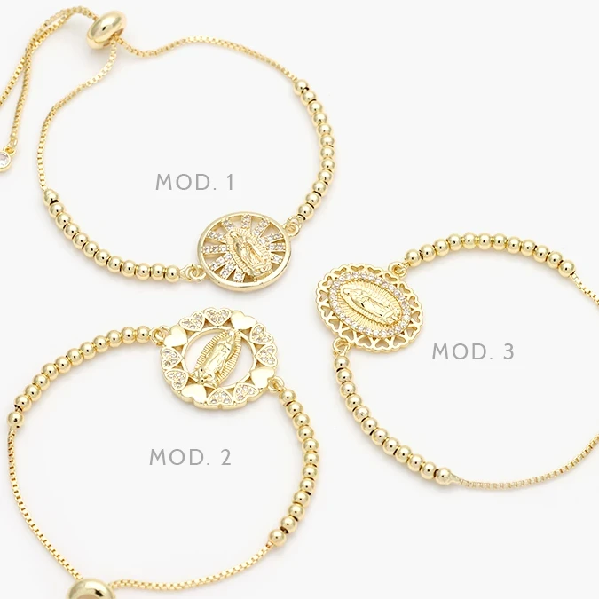 MPU871 Pulso Ajustable Virgen Guadalupe Corazones Zirconias Blancas Chapa de Oro 871 - Imagen 1