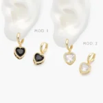 Arracadas Hoops Corazón Zirconia Negra y Blanca Chapa de Oro 937