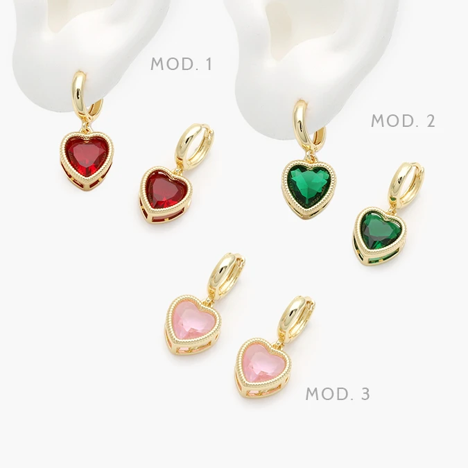 CA40938 Arracadas Corazón Zirconia Roja, Verde y Rosa Chapa de Oro 938 - Imagen 1