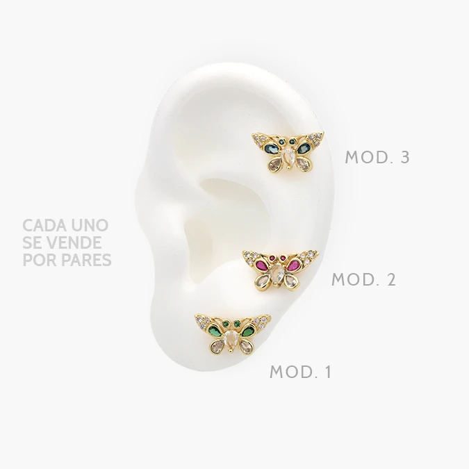 CA50455 Broqueles Mariposas Zirconias Azules Rojas y Verdes Chapa de Oro 455 - Imagen 1