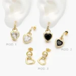 Broqueles Corazones Zirconias Blancas y Negras Chapa de Oro 457