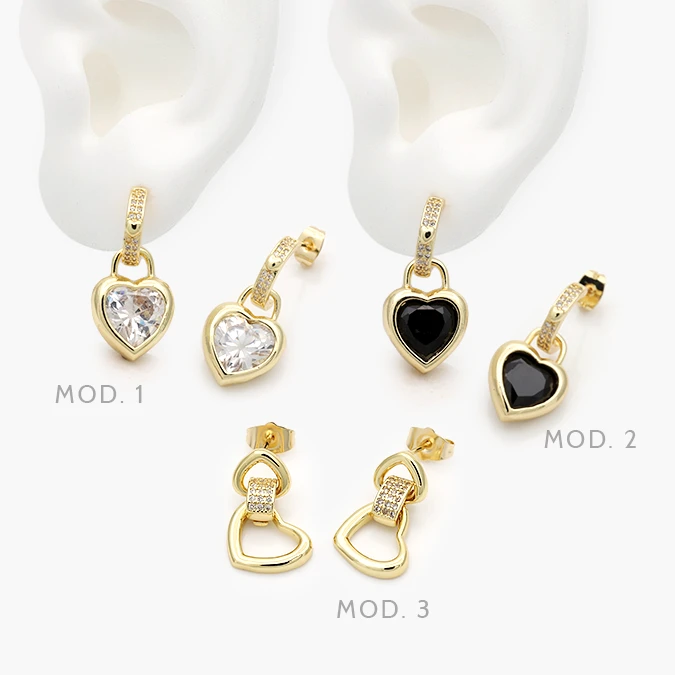 CA50457 Broqueles Corazones Zirconias Blancas y Negras Chapa de Oro 457 - Imagen 1